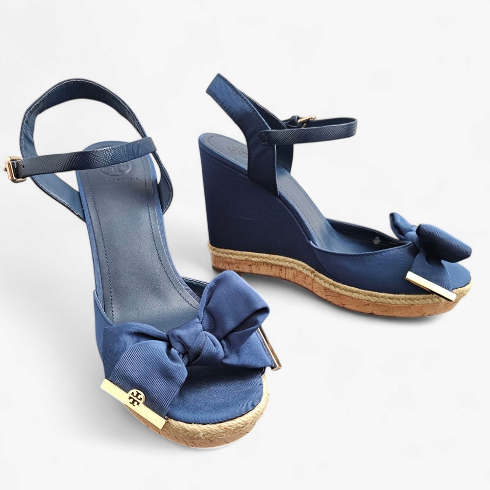 TORY BURCH Penny Navy Blue Bow Platform Jute Wedge Sandals 11M
